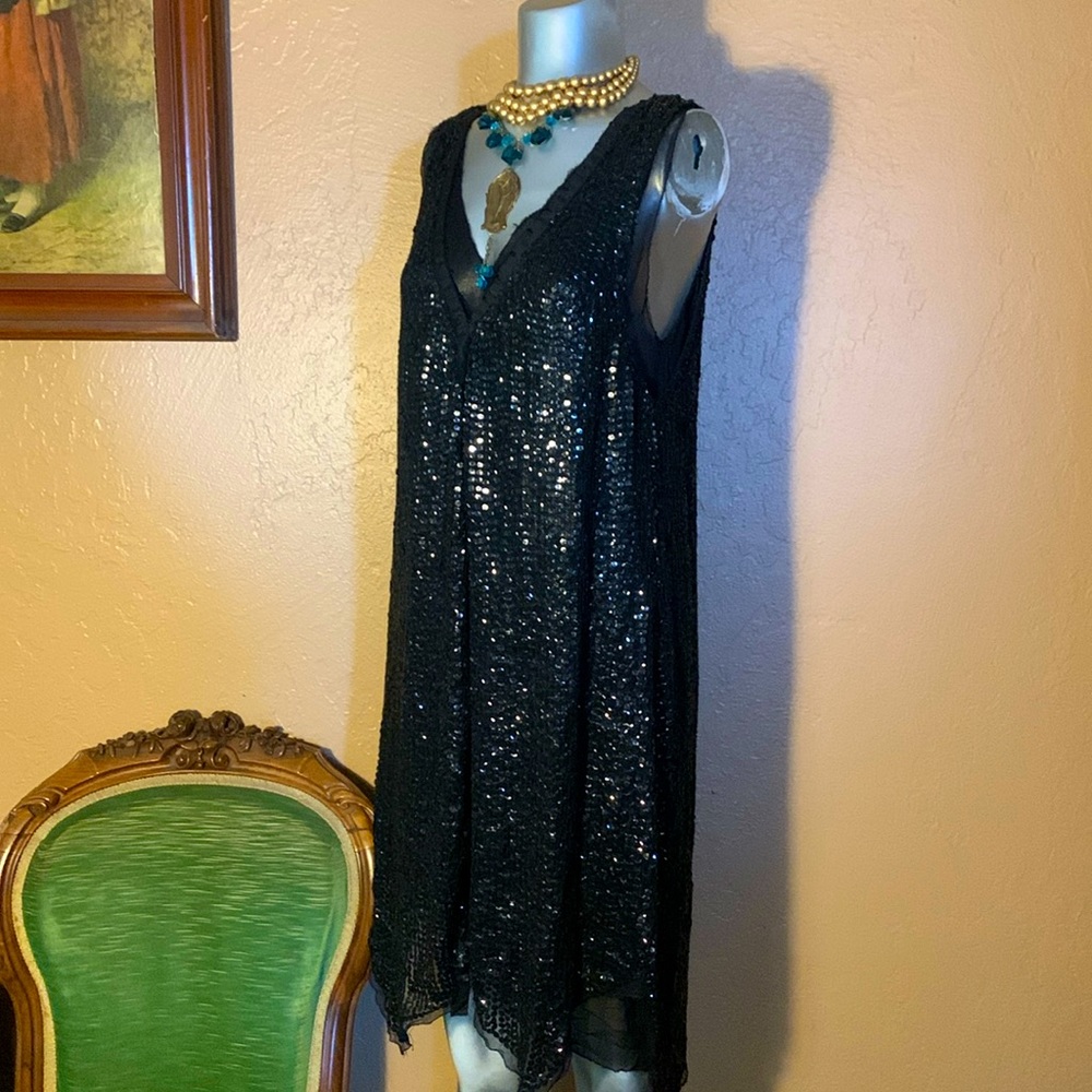 Of Two Minds Black Silk & Sequin Dress.  SZ SP